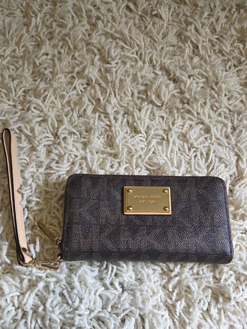 Michael Kors Dark Brown Logo Zip-Around Wristlet with Gold Plate